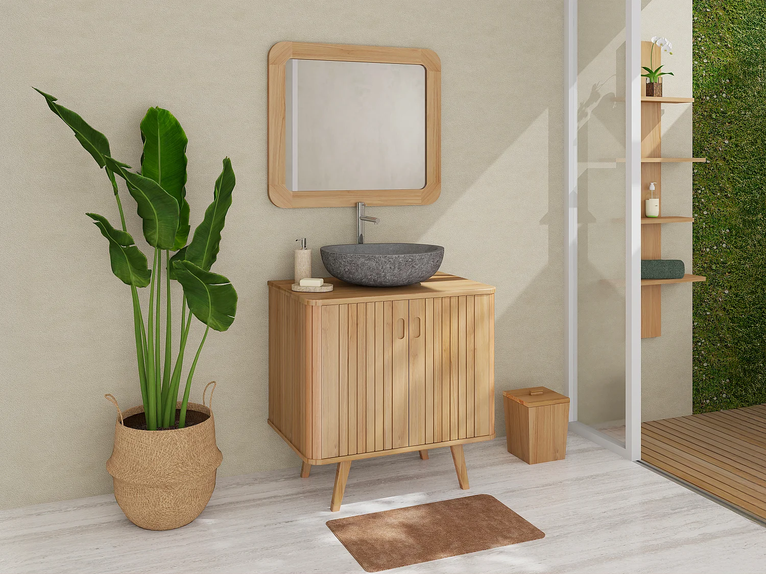 Mobile bagno con piedi in teak e lavabo da appoggio grigio in pietra 80 cm - WAMENA