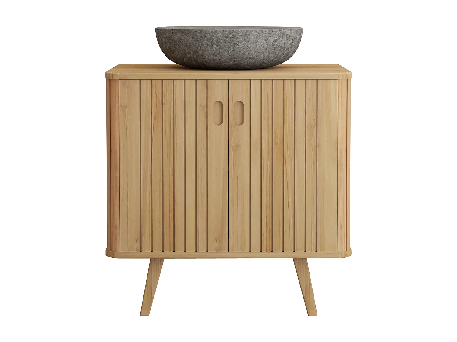 Mobile bagno con piedi in teak e lavabo da appoggio grigio in pietra 80 cm - WAMENA