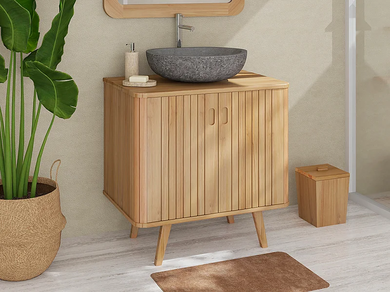 Mobile bagno con piedi in teak e lavabo da appoggio grigio in pietra 80 cm - WAMENA