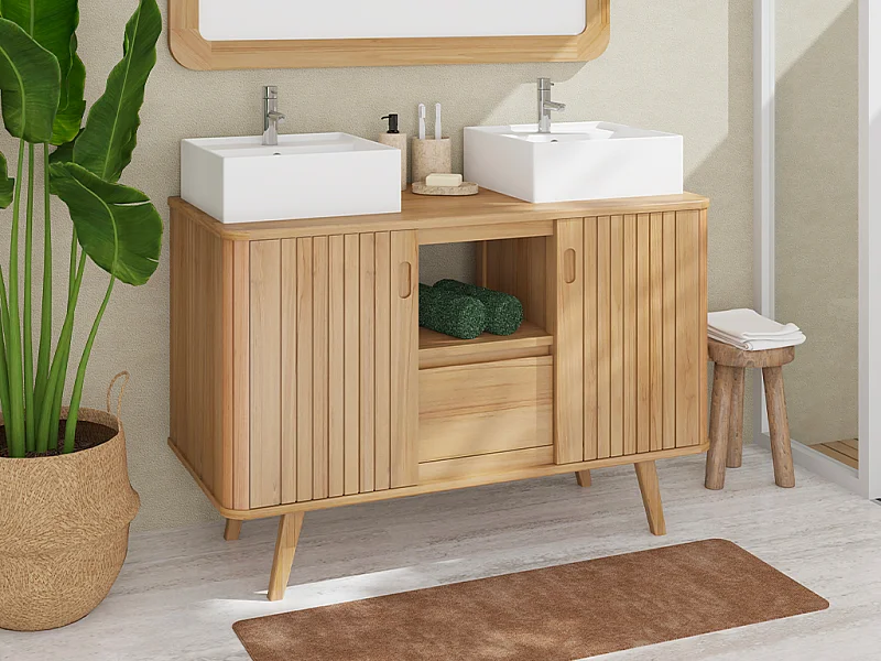 Mobile bagno con piedi in teak e doppio lavabo quadrato da appoggio in ceramica 120 cm - WAMENA
