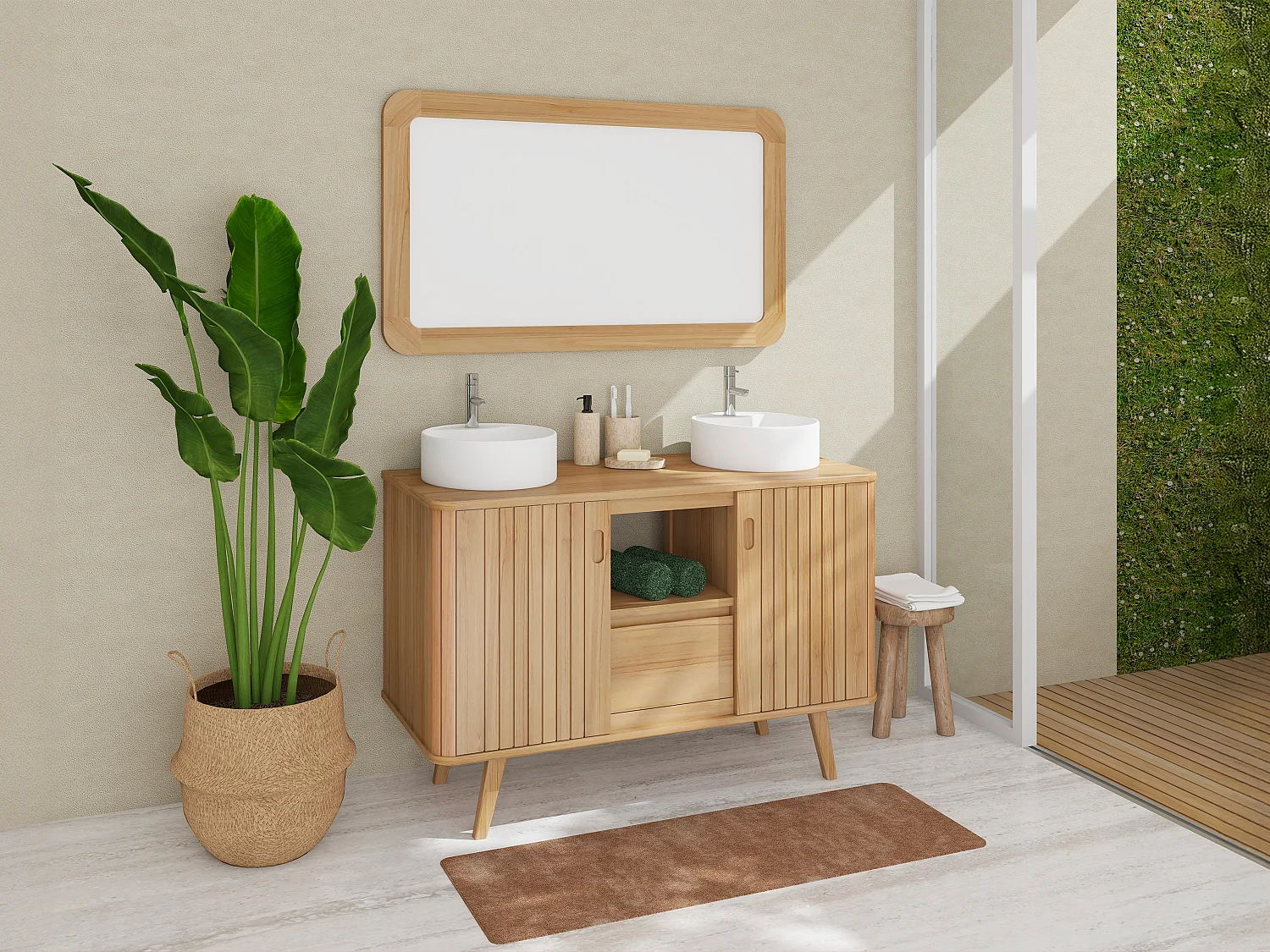 Mobile bagno con piedi in teak e doppio lavabo da appoggio rotondo in ceramica 120 cm - WAMENA