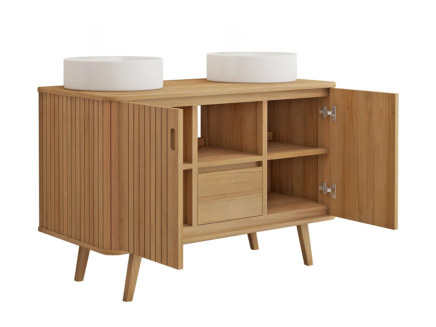 Mobile bagno con piedi in teak e doppio lavabo da appoggio rotondo in ceramica 120 cm - WAMENA