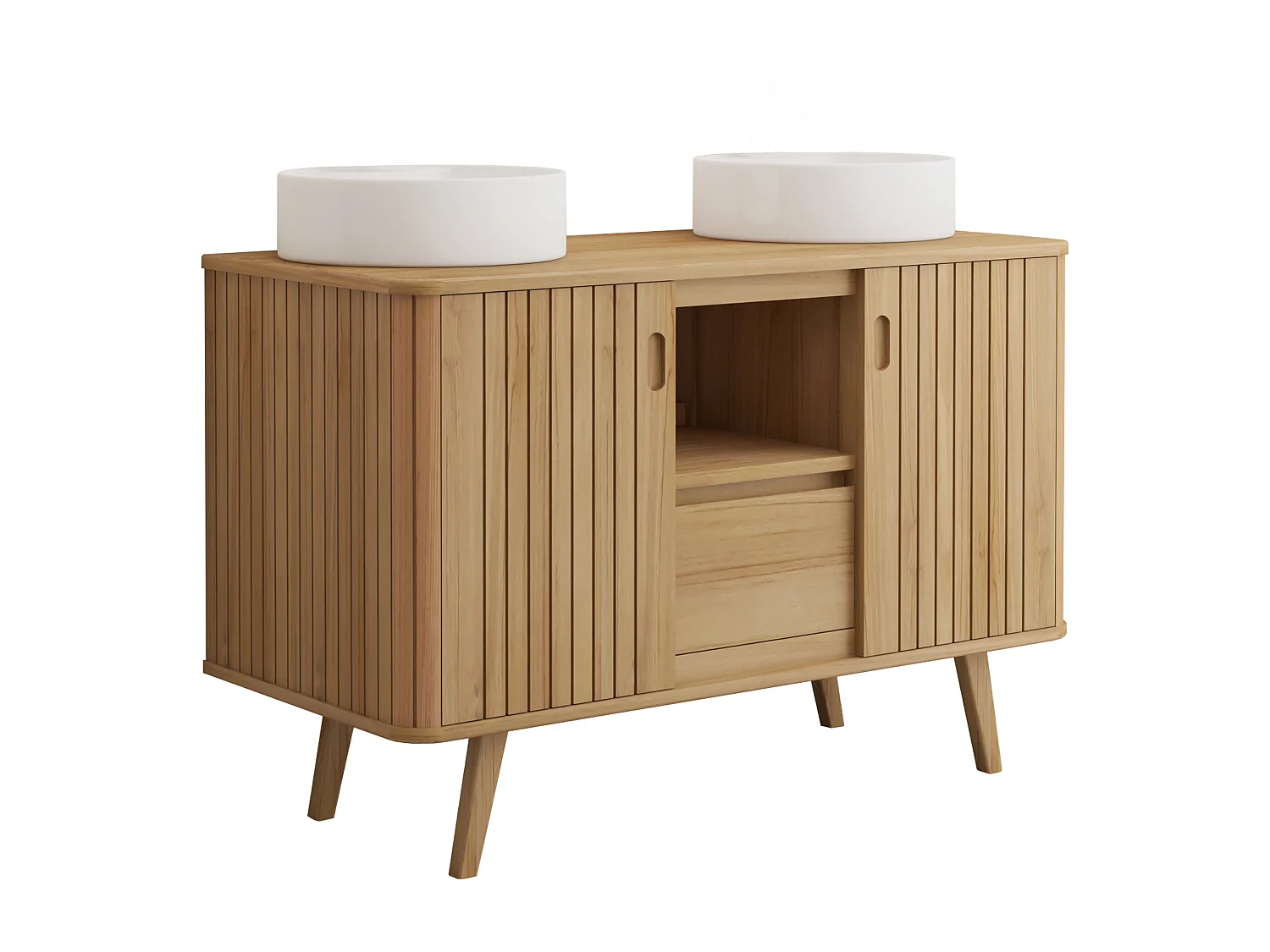 Mobile bagno con piedi in teak e doppio lavabo da appoggio rotondo in ceramica 120 cm - WAMENA