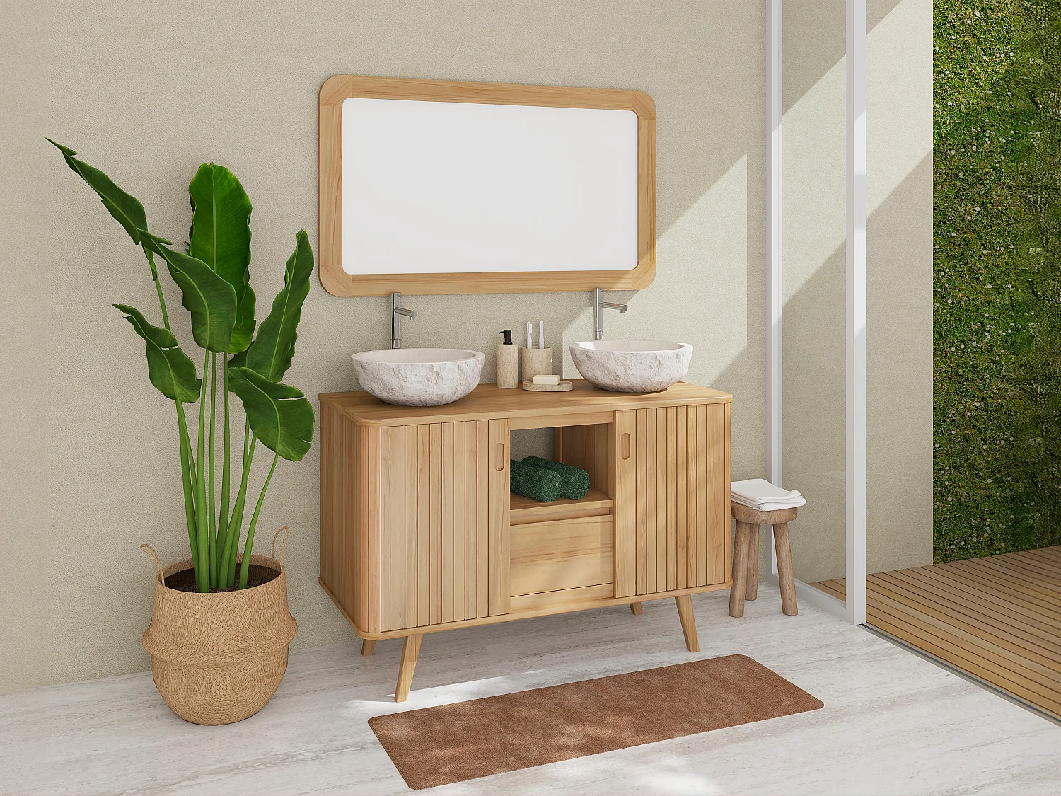 Mobile bagno con piedi in teak e doppio lavabo da appoggio in pietra crema 120 cm - WAMENA