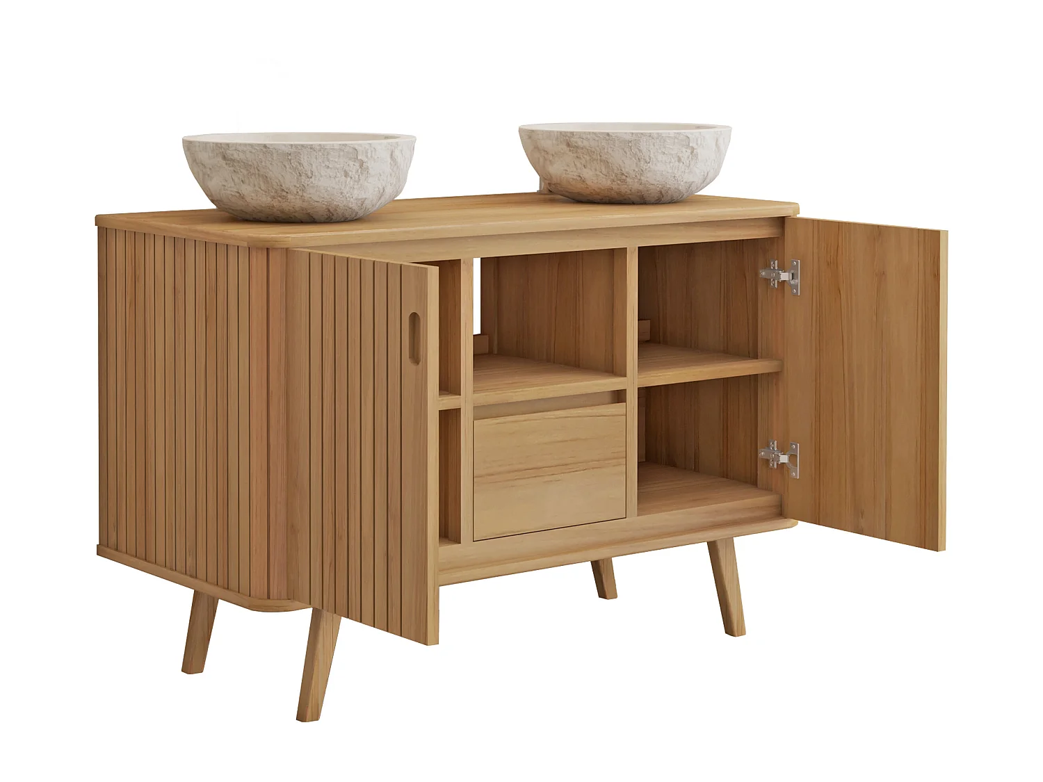 Mobile bagno con piedi in teak e doppio lavabo da appoggio in pietra crema 120 cm - WAMENA