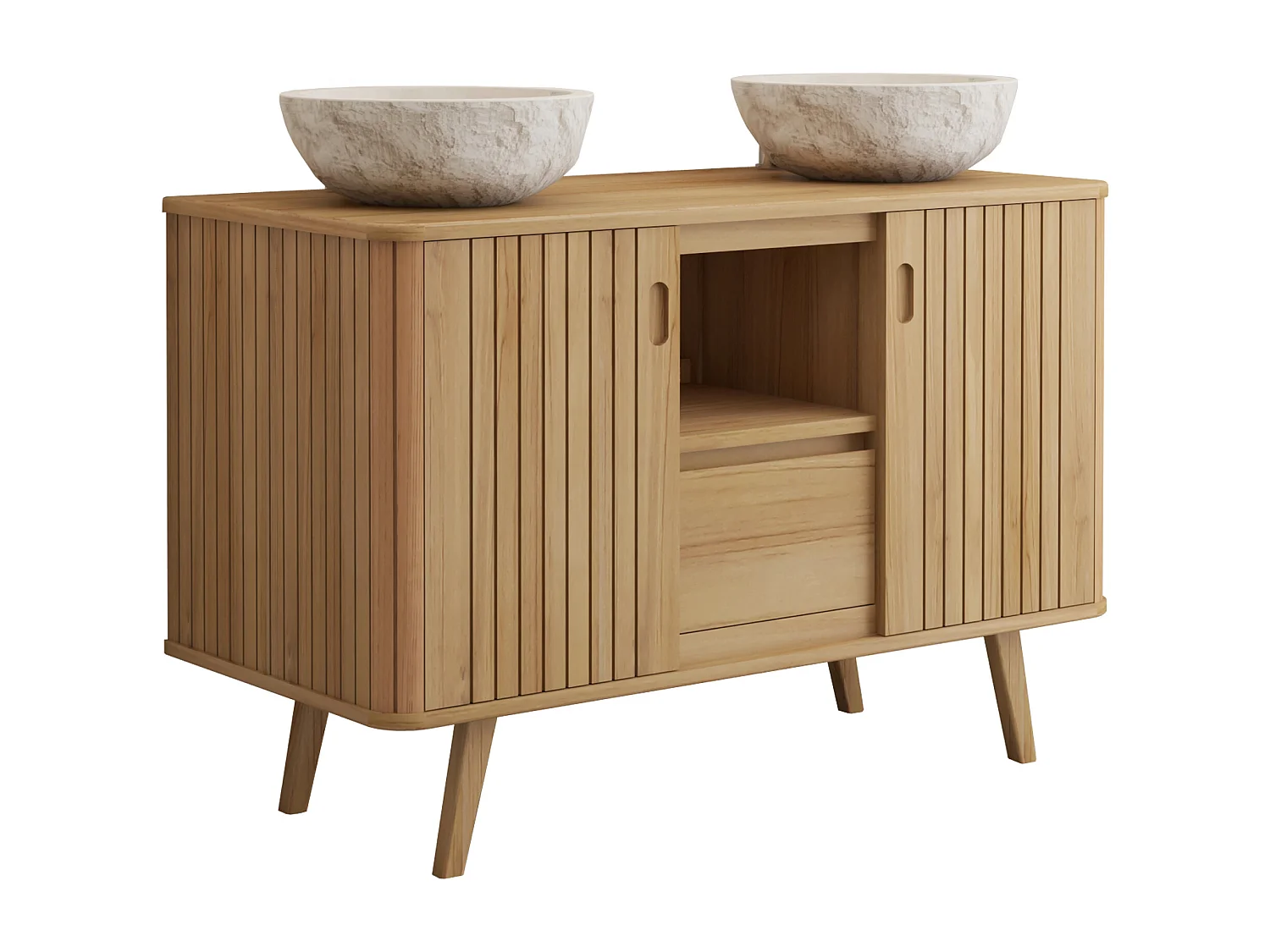 Mobile bagno con piedi in teak e doppio lavabo da appoggio in pietra crema 120 cm - WAMENA