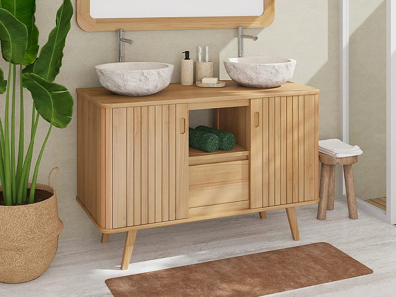 Mobile bagno con piedi in teak e doppio lavabo da appoggio in pietra crema 120 cm - WAMENA