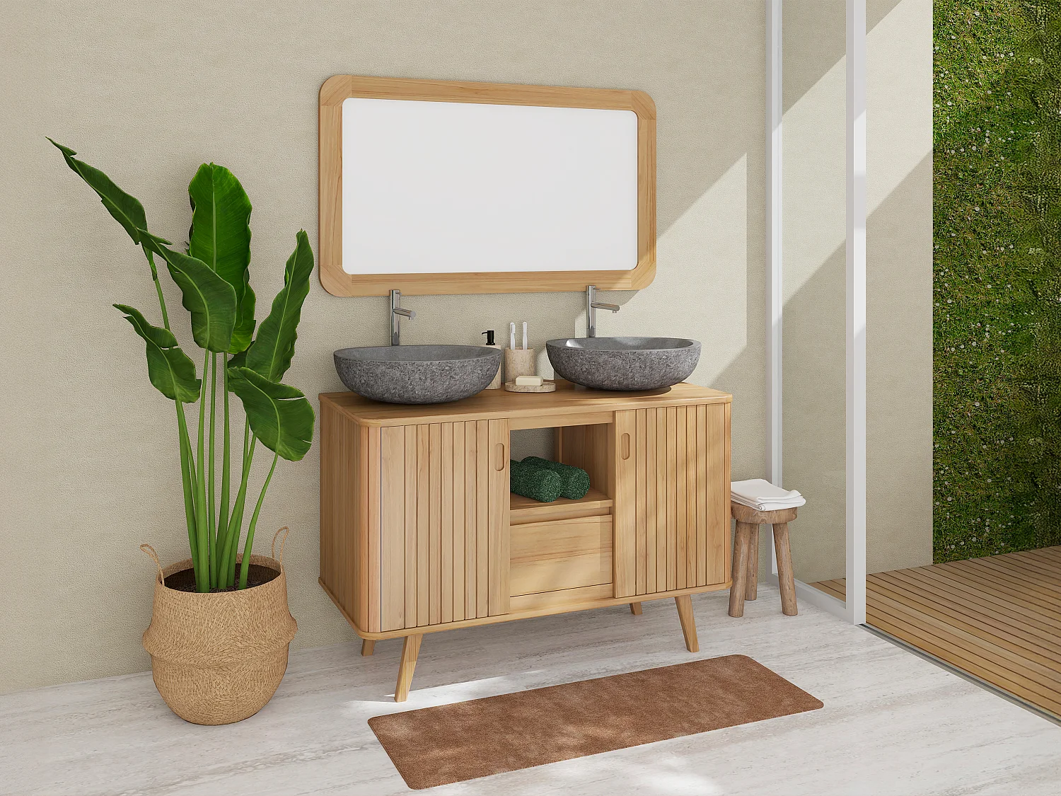 Mobile bagno con piedi in teak e doppio lavabo da appoggio grigio in pietra 120 cm - WAMENA