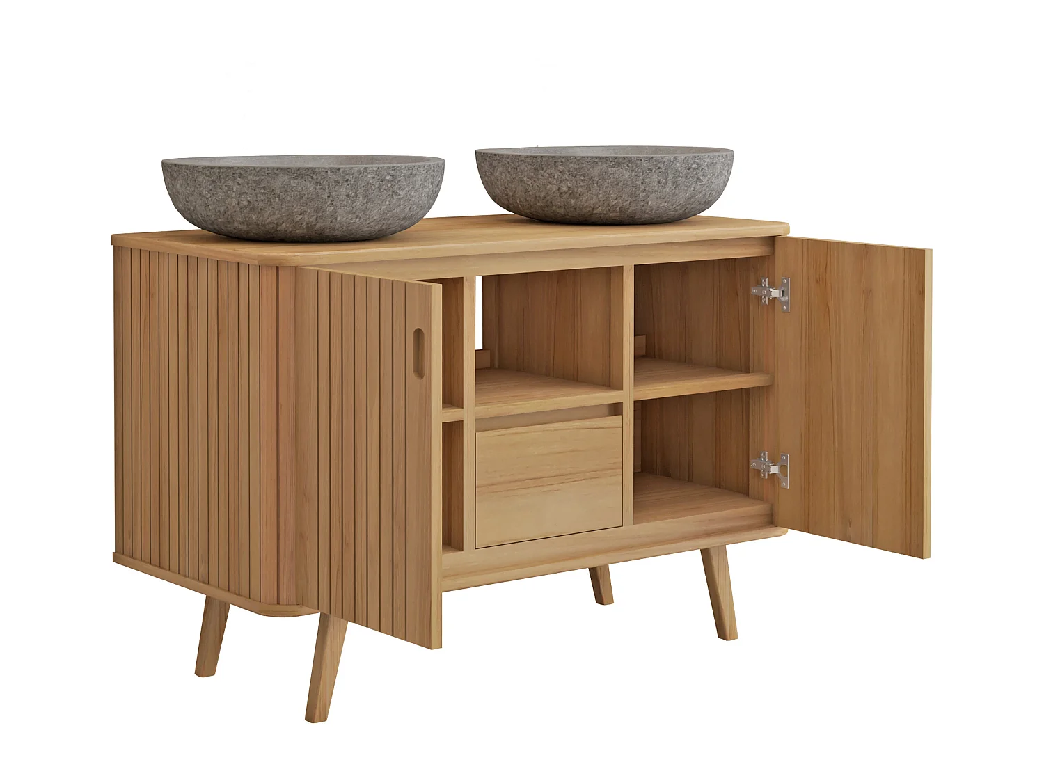 Mobile bagno con piedi in teak e doppio lavabo da appoggio grigio in pietra 120 cm - WAMENA