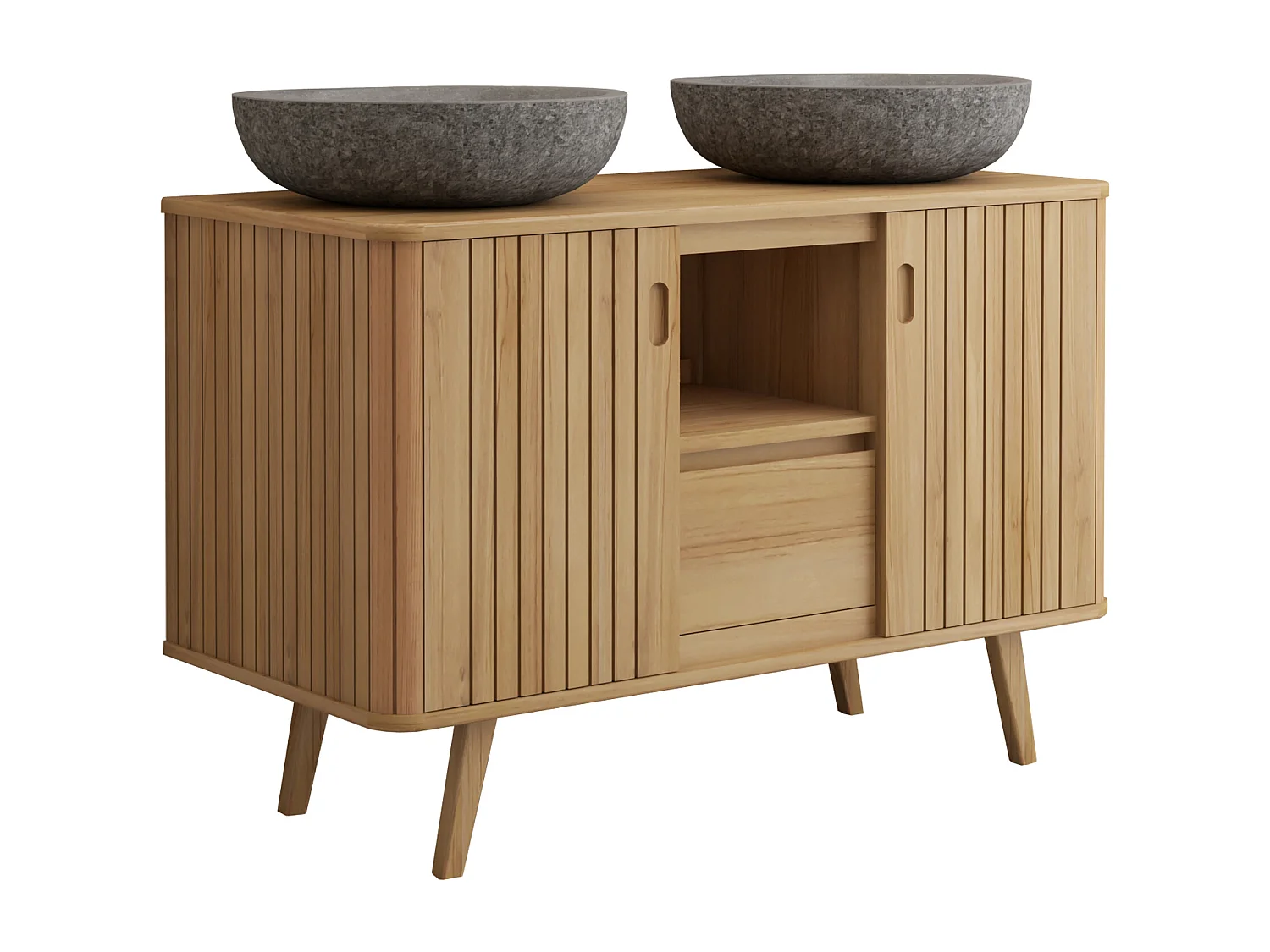 Mobile bagno con piedi in teak e doppio lavabo da appoggio grigio in pietra 120 cm - WAMENA