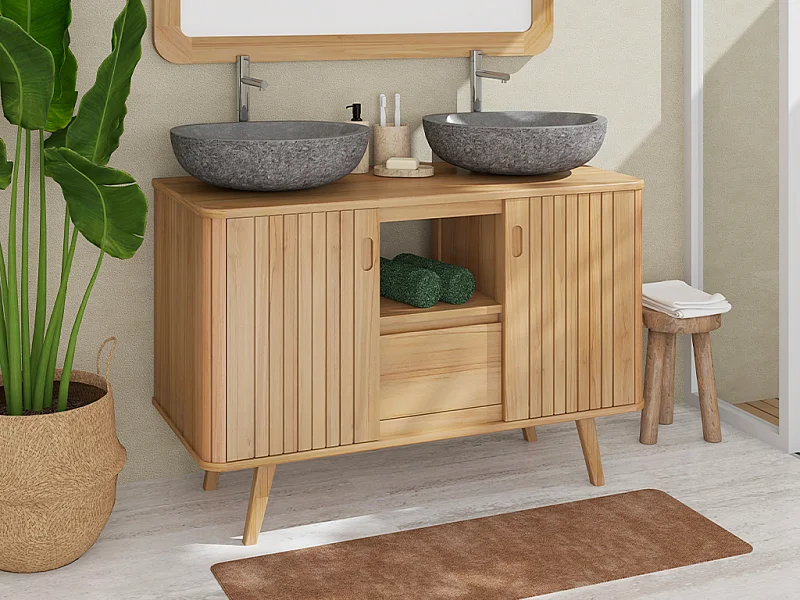 Mobile bagno con piedi in teak e doppio lavabo da appoggio grigio in pietra 120 cm - WAMENA