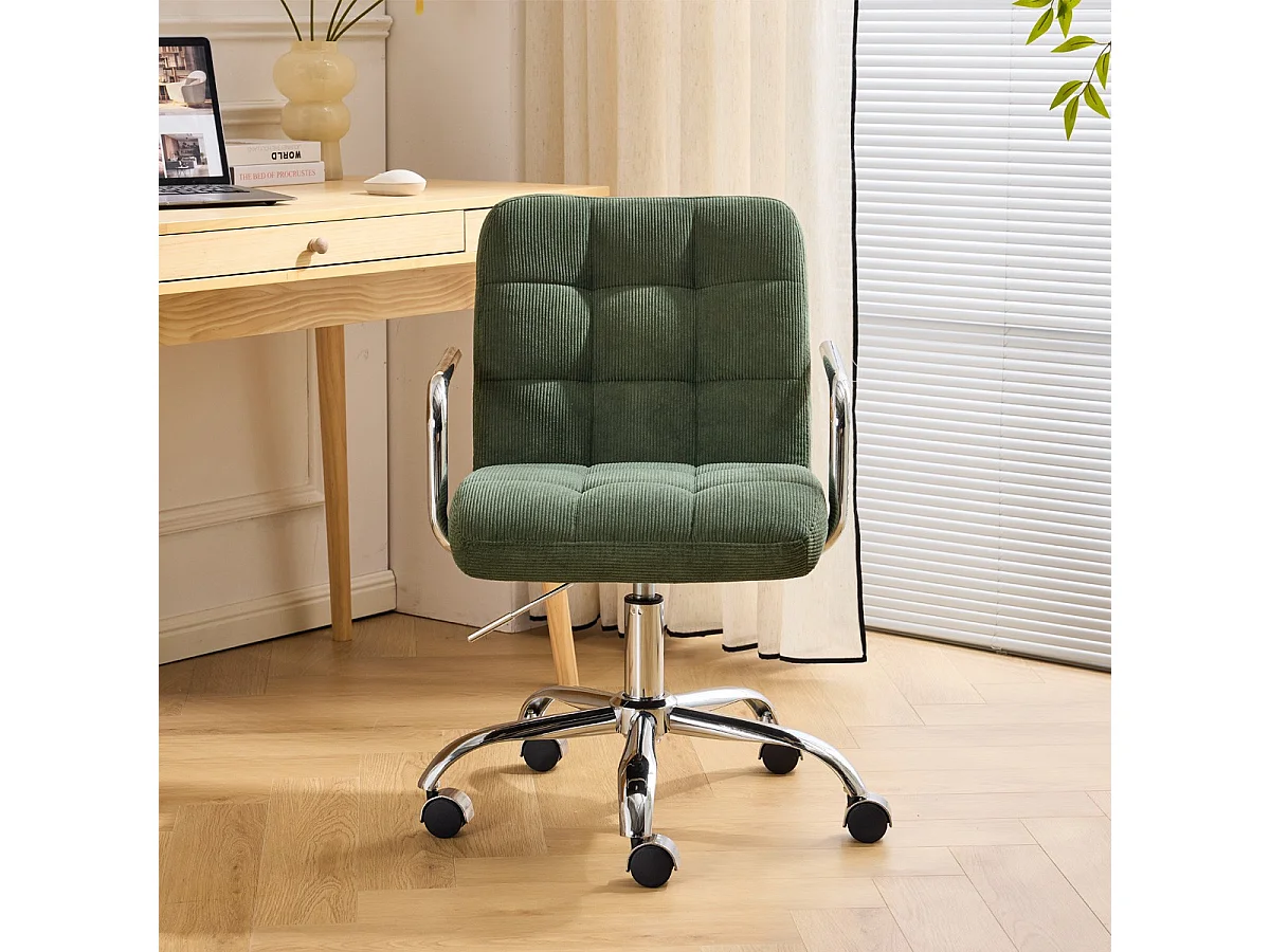 Fauteuil de bureau capitonné, pivotant et réglable en hauteur en velours côtelé vert kaki - Nolan