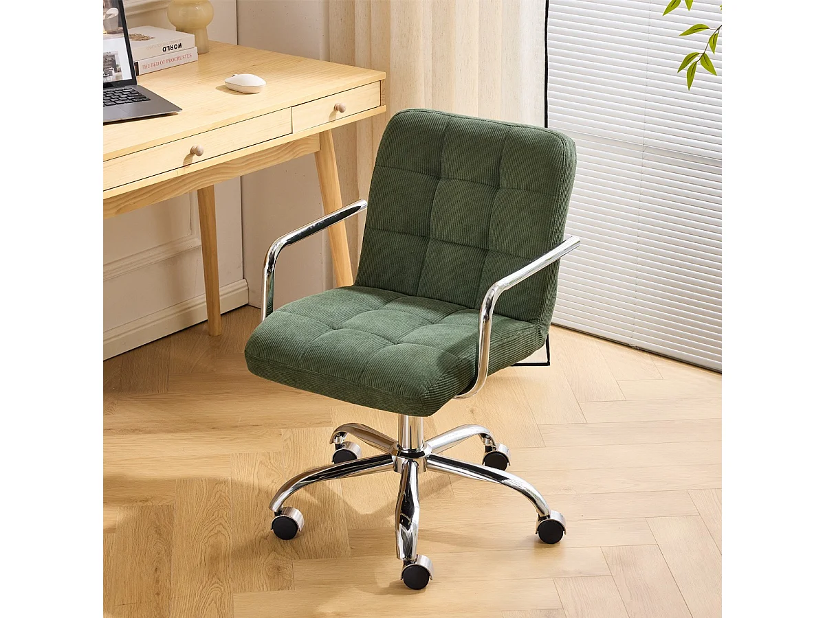 Fauteuil de bureau capitonné, pivotant et réglable en hauteur en velours côtelé vert kaki - Nolan