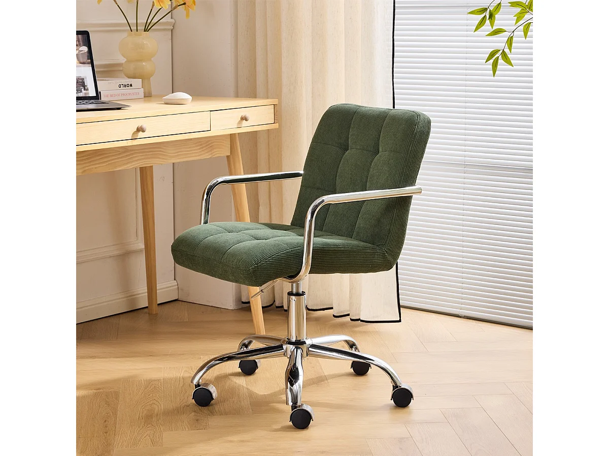 Fauteuil de bureau capitonné, pivotant et réglable en hauteur en velours côtelé vert kaki - Nolan