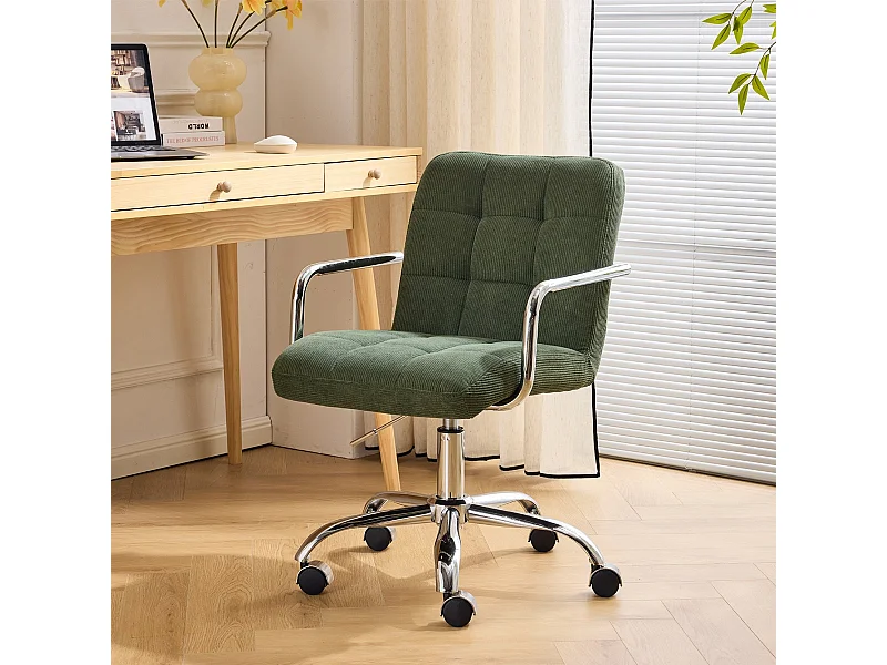 Fauteuil de bureau capitonné, pivotant et réglable en hauteur en velours côtelé vert kaki - Nolan