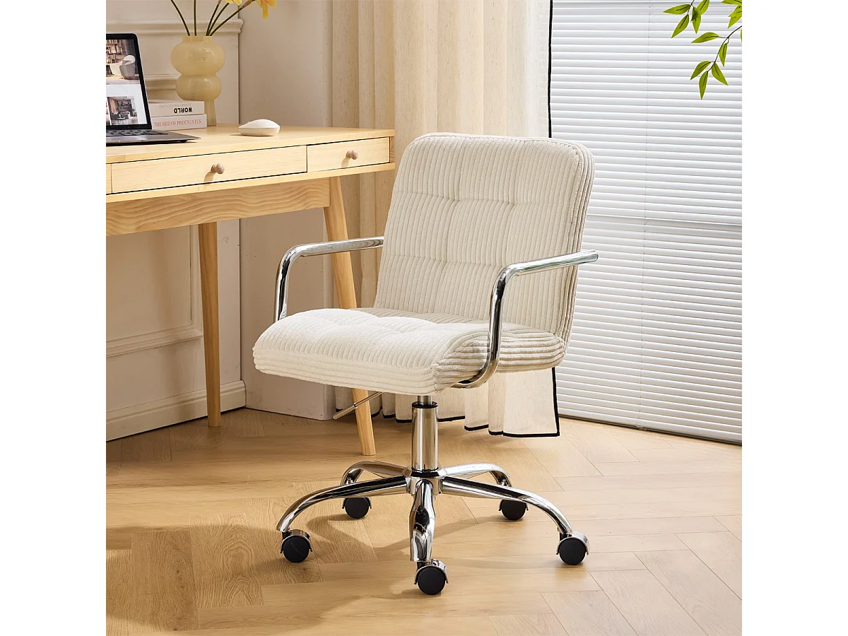 Fauteuil de bureau capitonné, pivotant et réglable en hauteur en velours côtelé beige - Nolan