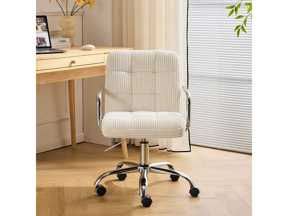 Fauteuil de bureau capitonné, pivotant et réglable en hauteur en velours côtelé beige - Nolan