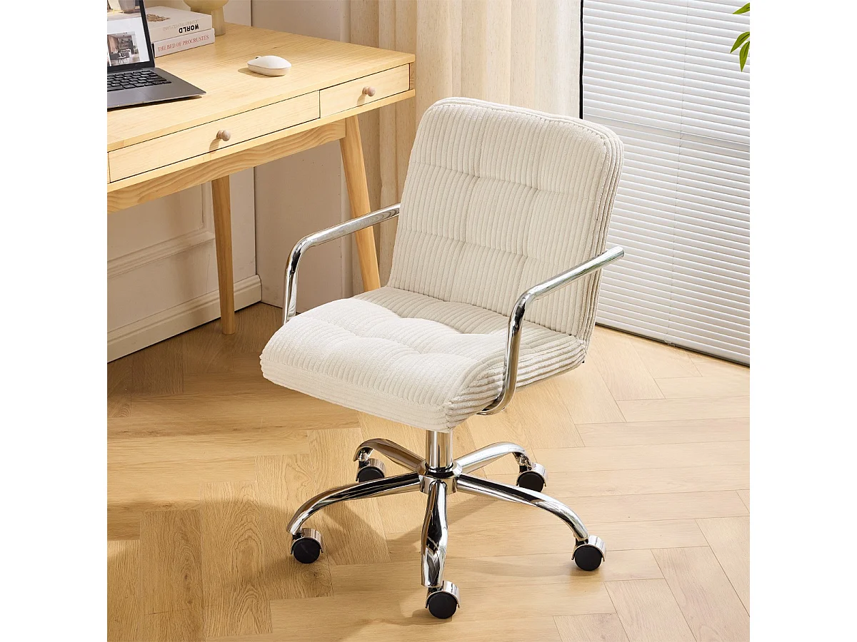 Fauteuil de bureau capitonné, pivotant et réglable en hauteur en velours côtelé beige - Nolan