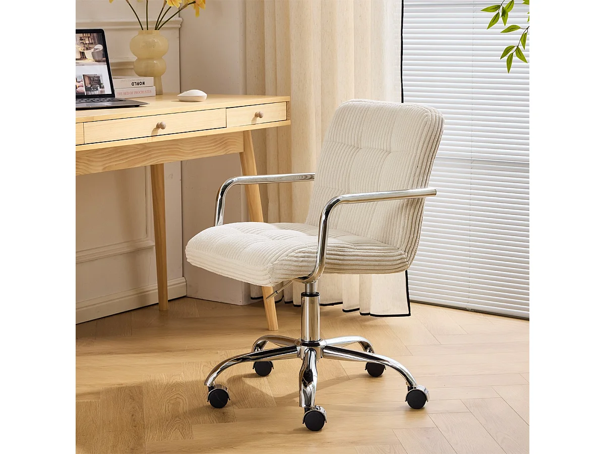 Fauteuil de bureau capitonné, pivotant et réglable en hauteur en velours côtelé beige - Nolan