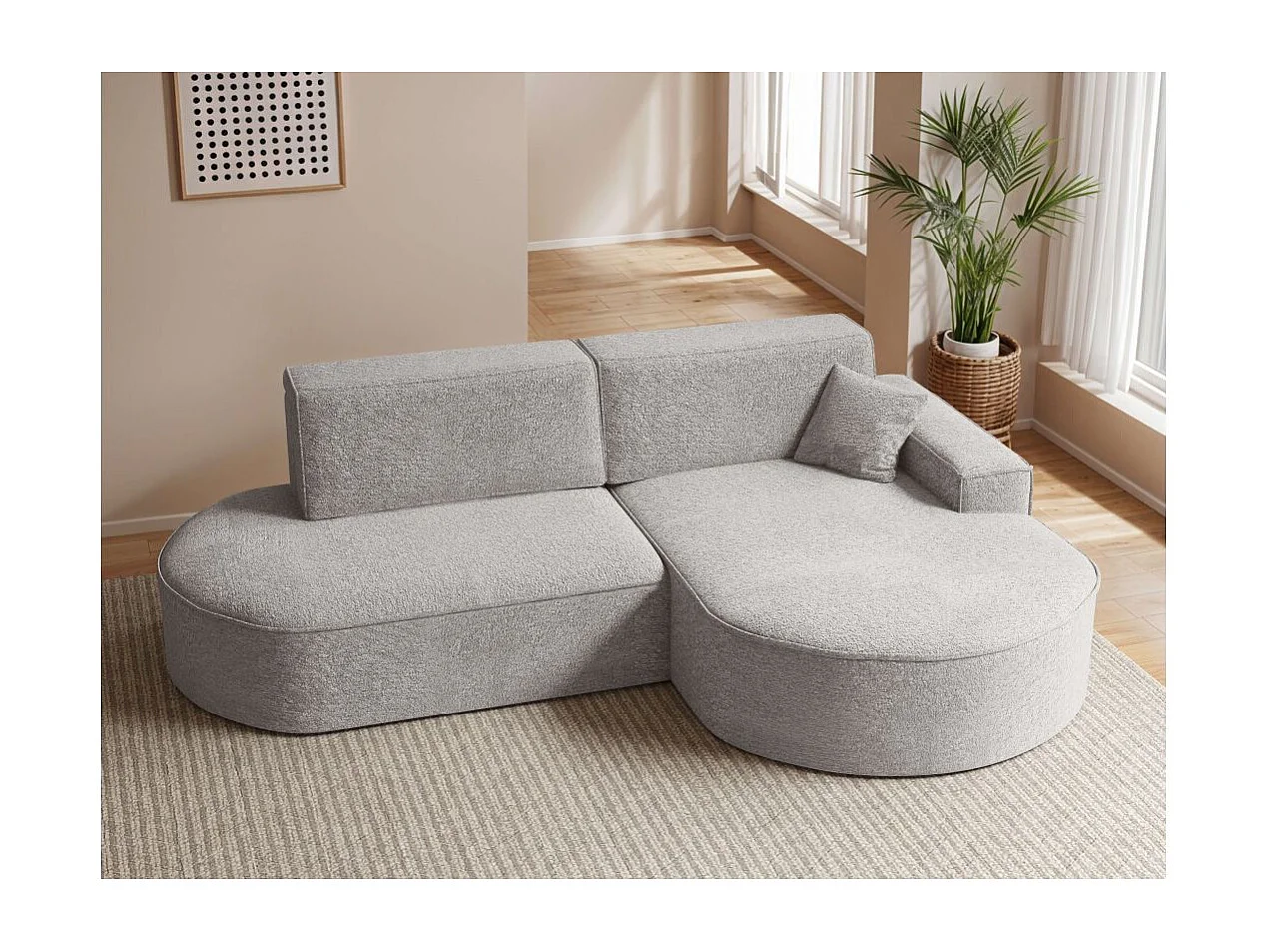 Canapé d'angle droit convertible 4 places MARLO en tissu chenille - Gris perle