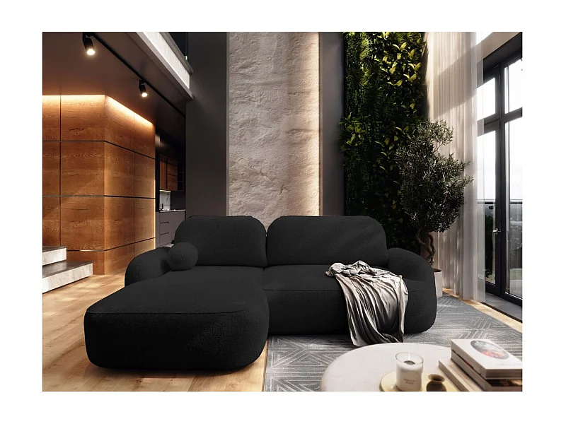 Canapé d'angle gauche convertible 4 places MILLY avec coffre en tissu bouclette - Gris anthracite