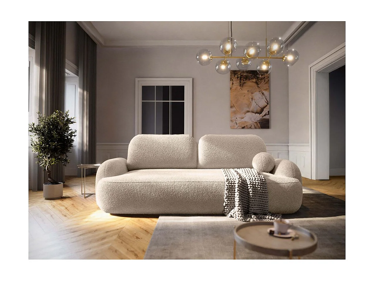 Canapé convertible 3 places MILLY avec coffre en tissu bouclette - Beige