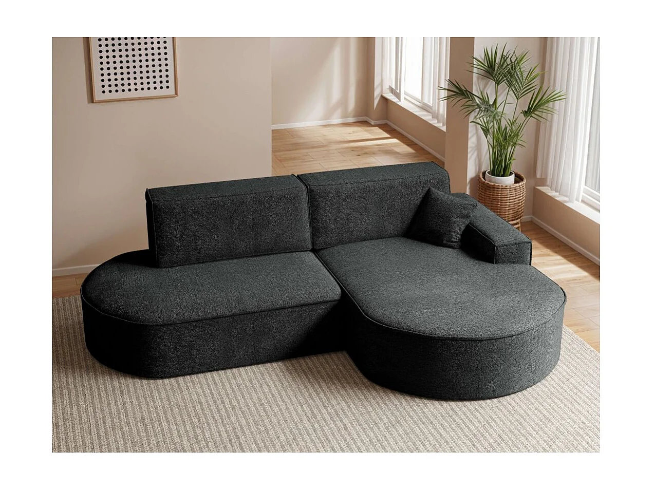 Canapé d'angle droit convertible 4 places MARLO en tissu chenille - Gris anthracite