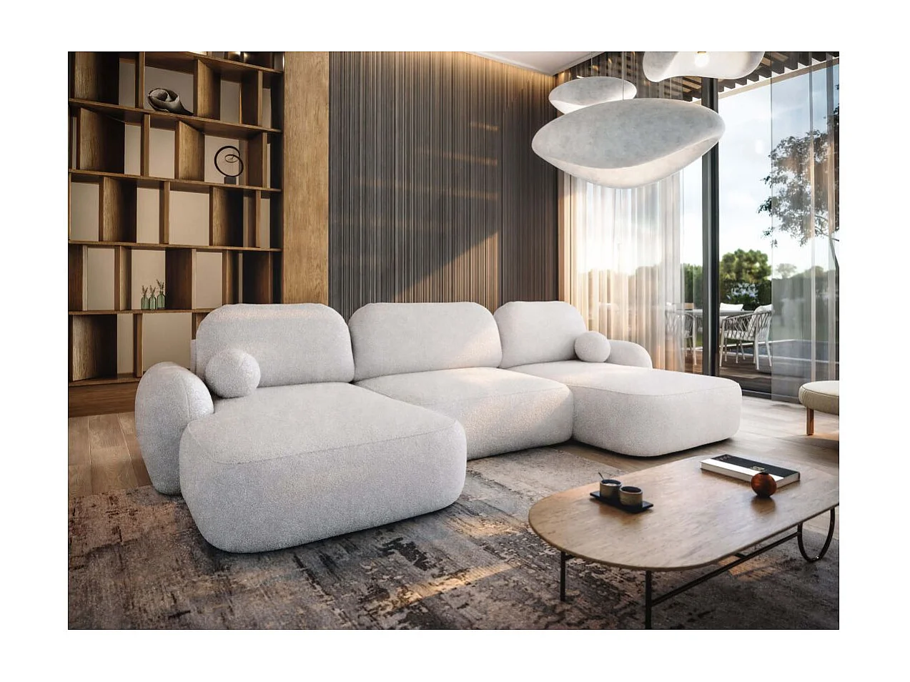 Canapé panoramique convertible 6 places MILLY avec coffre en tissu bouclette - Blanc