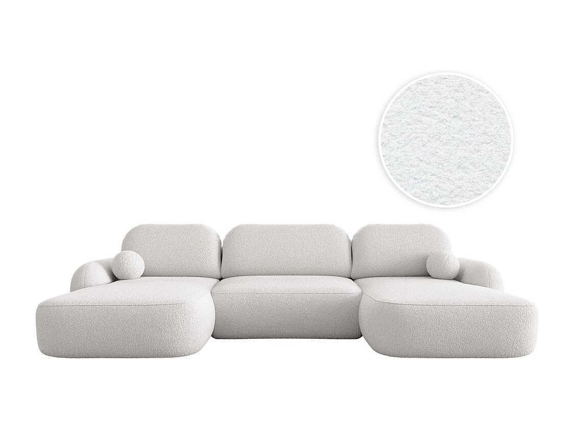 Canapé panoramique convertible 6 places MILLY avec coffre en tissu bouclette - Blanc