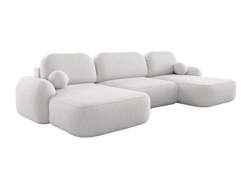 Canapé panoramique convertible 6 places MILLY avec coffre en tissu bouclette - Blanc