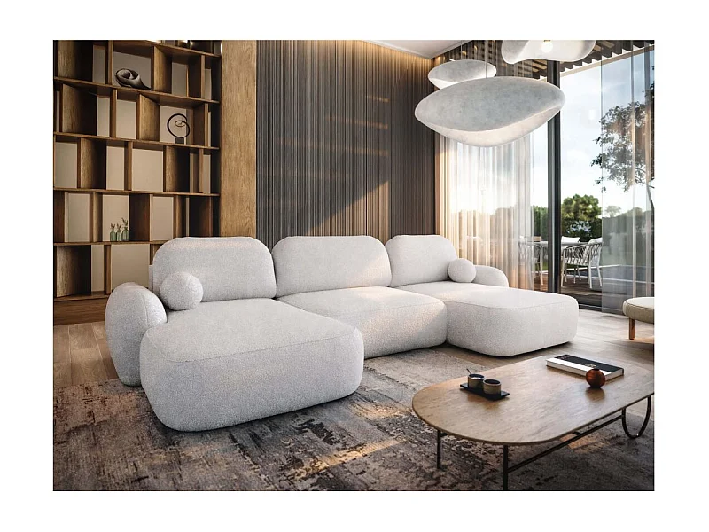 Canapé panoramique convertible 6 places MILLY avec coffre en tissu bouclette - Blanc