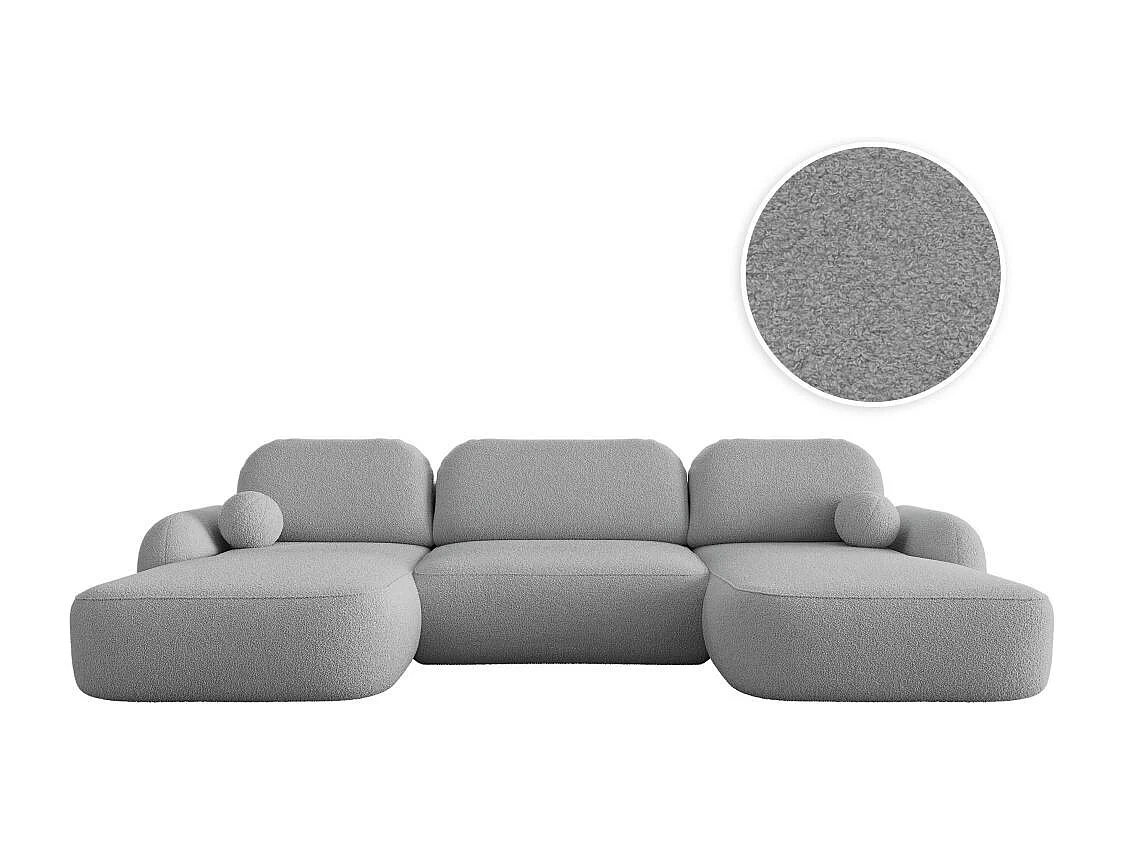 Canapé panoramique convertible 6 places MILLY avec coffre en tissu bouclette - Gris clair