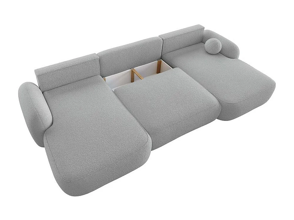 Canapé panoramique convertible 6 places MILLY avec coffre en tissu bouclette - Gris clair
