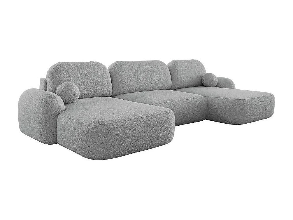 Canapé panoramique convertible 6 places MILLY avec coffre en tissu bouclette - Gris clair