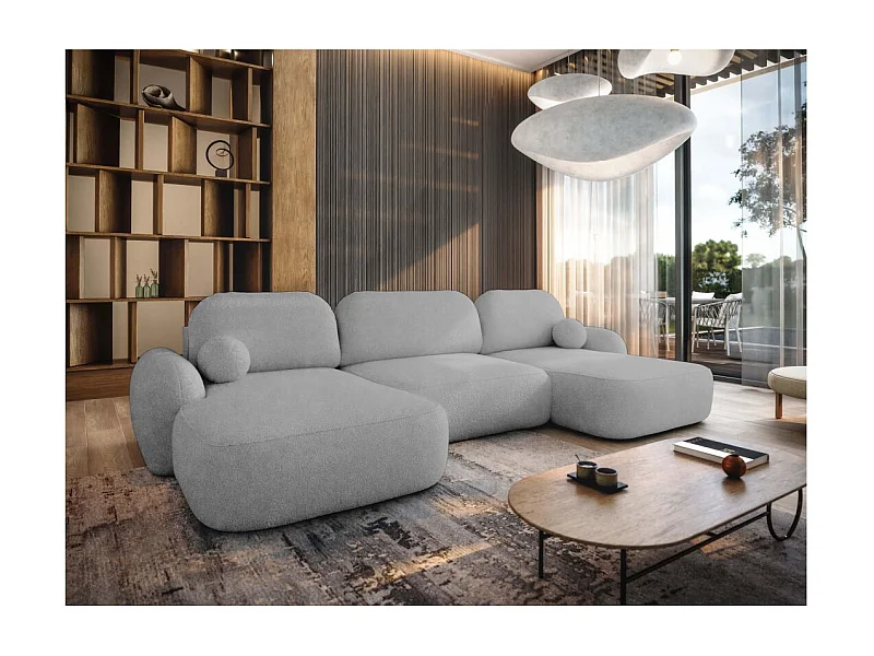 Canapé panoramique convertible 6 places MILLY avec coffre en tissu bouclette - Gris clair
