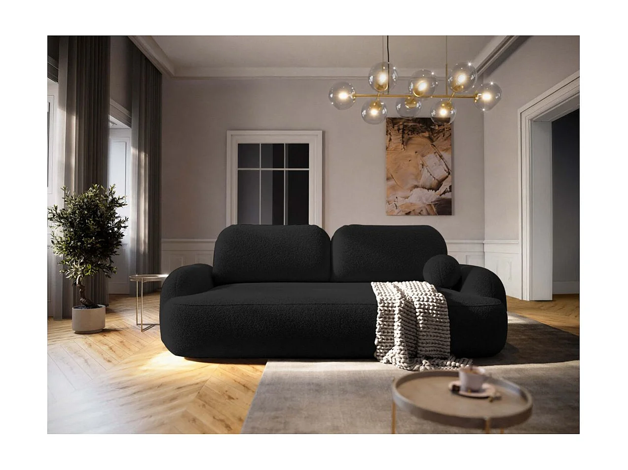 Canapé convertible 3 places MILLY avec coffre en tissu bouclette - Gris anthracite