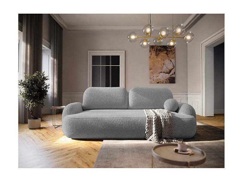Canapé convertible 3 places MILLY avec coffre en tissu bouclette - Gris clair