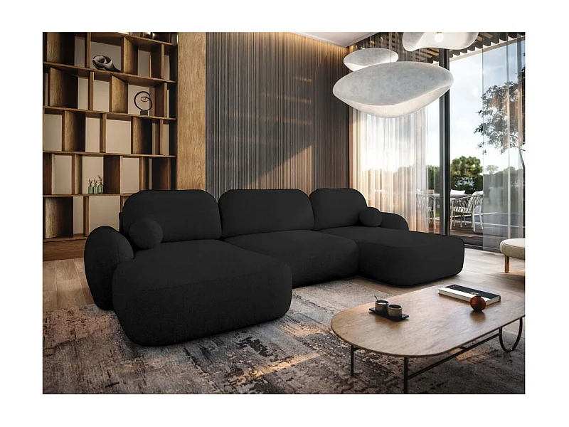 Canapé panoramique convertible 6 places MILLY avec coffre en tissu bouclette - Gris anthracite