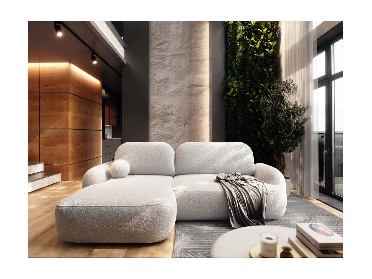 Canapé d'angle gauche convertible 4 places MILLY avec coffre en tissu bouclette - Blanc