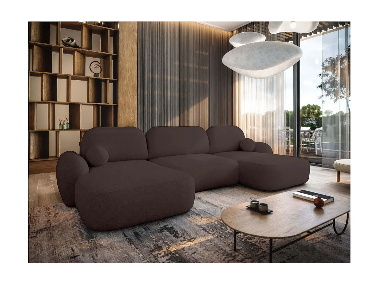 Canapé panoramique convertible 6 places MILLY avec coffre en tissu bouclette - Marron