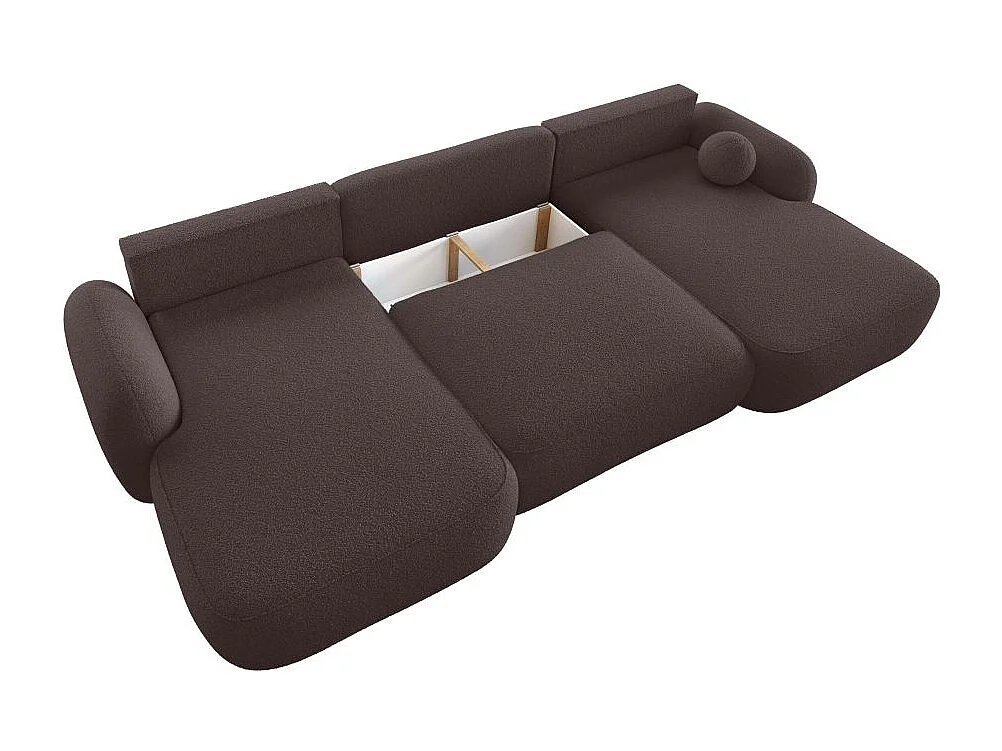 Canapé panoramique convertible 6 places MILLY avec coffre en tissu bouclette - Marron