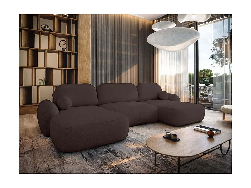 Canapé panoramique convertible 6 places MILLY avec coffre en tissu bouclette - Marron