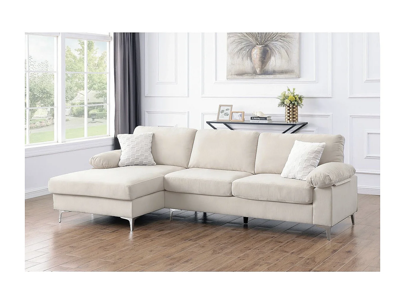 Canapé d'angle gauche en tissu chenille "Jade" - 3 places - Beige