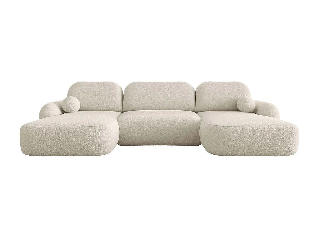 Canapé panoramique convertible 6 places MILLY avec coffre en tissu bouclette - Beige