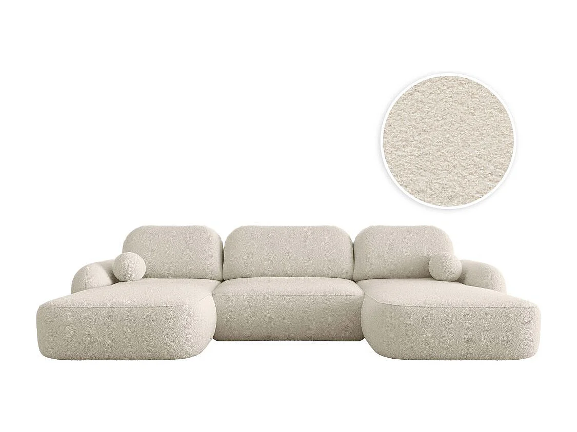 Canapé panoramique convertible 6 places MILLY avec coffre en tissu bouclette - Beige