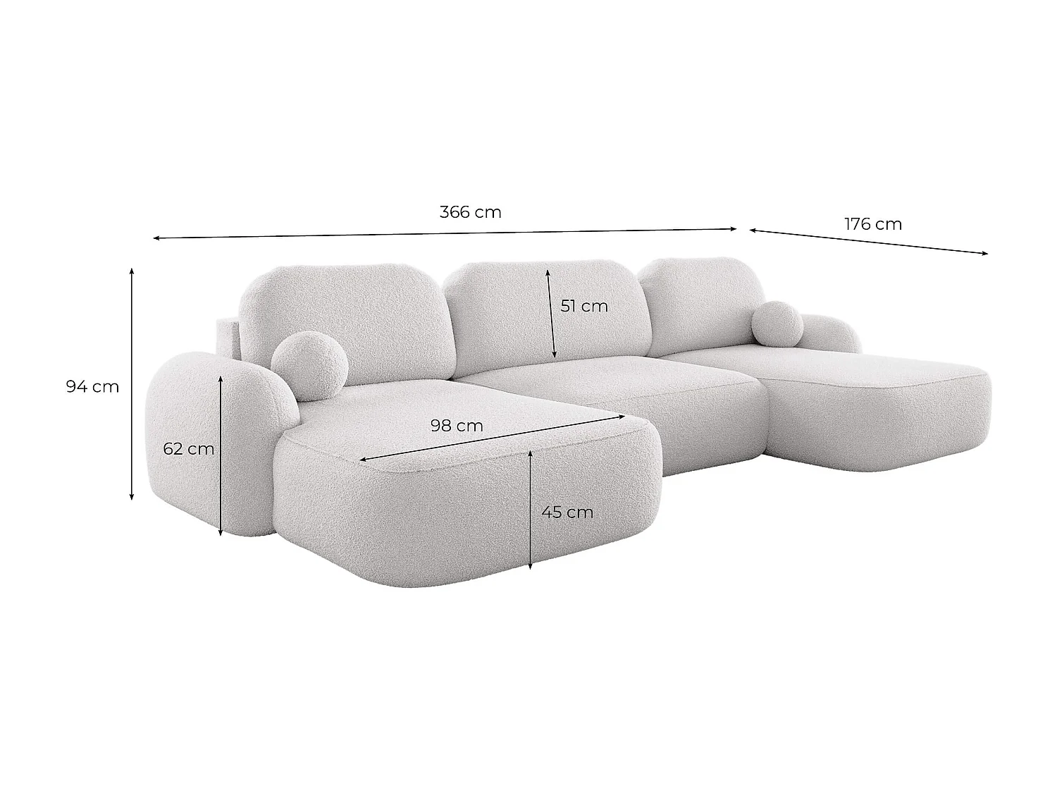Canapé panoramique convertible 6 places MILLY avec coffre en tissu bouclette - Beige
