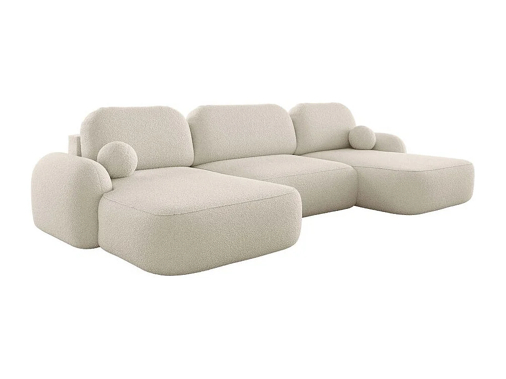 Canapé panoramique convertible 6 places MILLY avec coffre en tissu bouclette - Beige