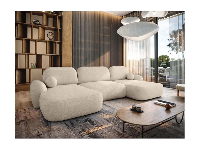 Canapé panoramique convertible 6 places MILLY avec coffre en tissu bouclette - Beige
