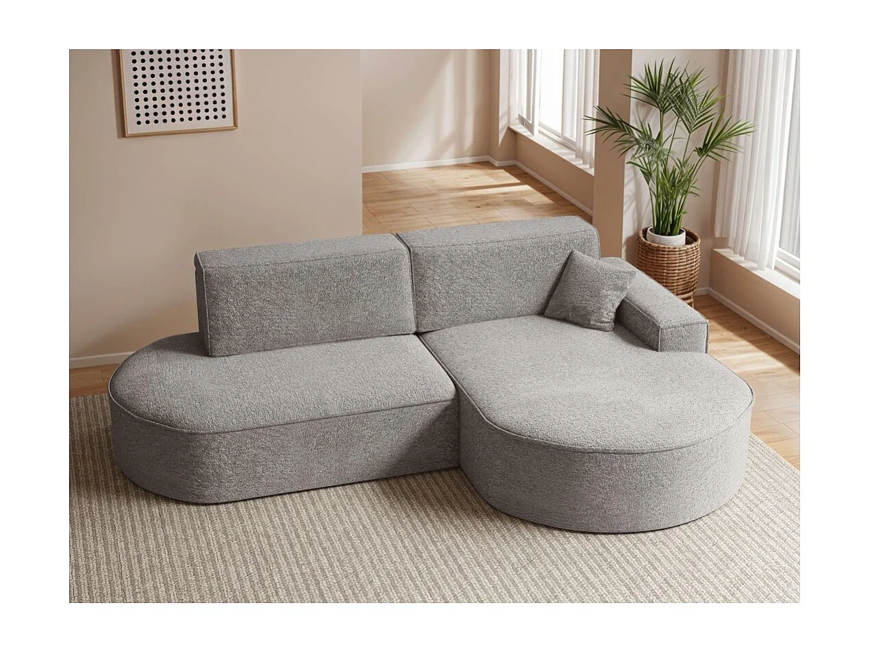 Canapé d'angle droit convertible 4 places MARLO en tissu chenille - Gris clair