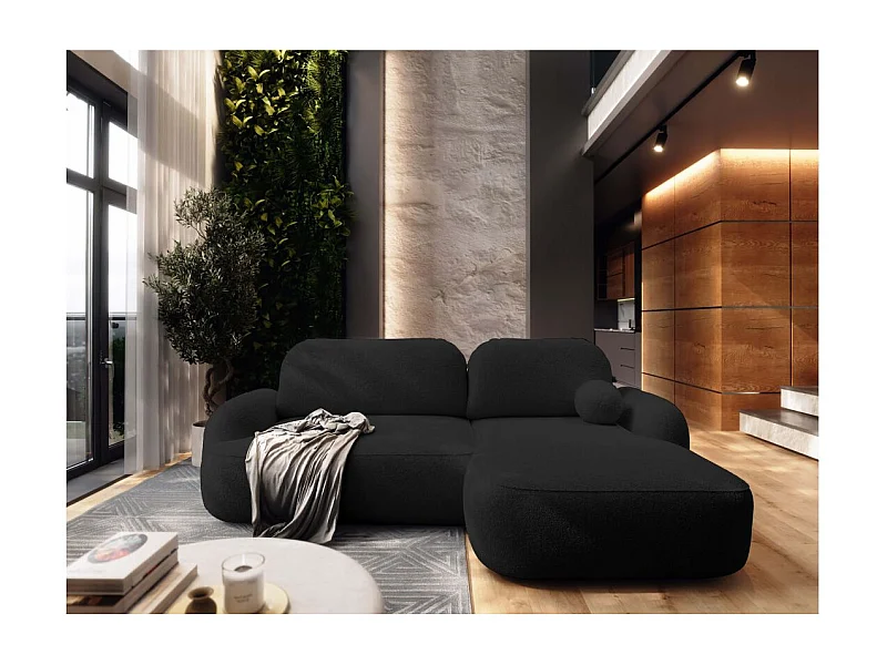 Canapé d'angle droit convertible 4 places MILLY avec coffre en tissu bouclette - Gris anthracite